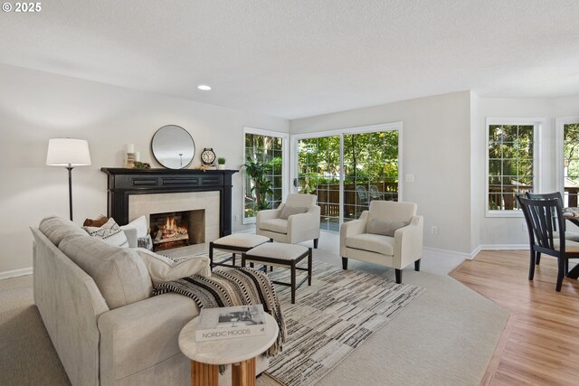 living room with a tiled fireplace and light hardwood / wood-style flooring