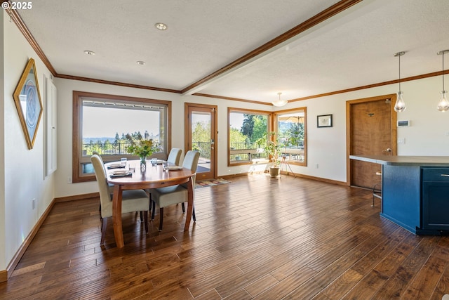 dining room featuring crown molding, a textured ceiling, baseboards, and dark wood-style floors