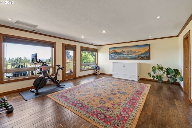 exercise room with crown molding, baseboards, and hardwood / wood-style floors