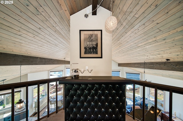 535 SW Cardinal St, Depoe Bay, OR 97341 - stairs with a wood ceiling with exposed beams, a chandelier, healthy amount of natural light, carpet flooring, and high vaulted ceiling