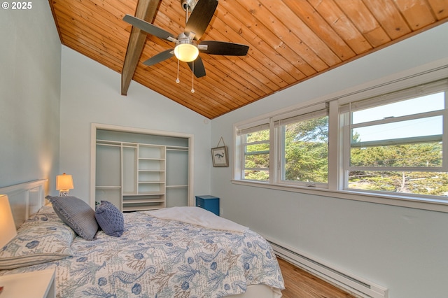 535 SW Cardinal St, Depoe Bay, OR 97341 - bedroom with a baseboard radiator, wooden ceiling, a closet, wood finished floors, and a ceiling fan