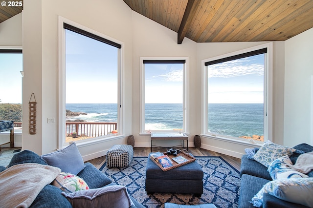 535 SW Cardinal St, Depoe Bay, OR 97341 - living area featuring vaulted ceiling, wood ceiling, a water view, and wood finished floors