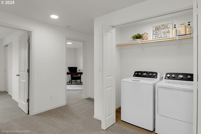 1033 Sommerville Loop, Harrisburg, OR 97446 - washroom featuring washer and dryer, recessed lighting, light colored carpet, a desk, and baseboards