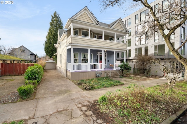 view of front of house with a porch, an outbuilding, fence, and a balcony