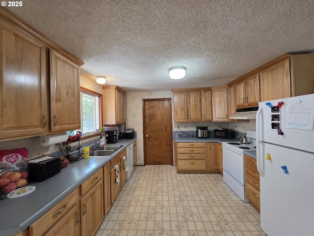 4545 Ridenour St, Roseburg, OR 97470 - kitchen featuring white appliances, under cabinet range hood, light floors, decorative backsplash, and a textured ceiling