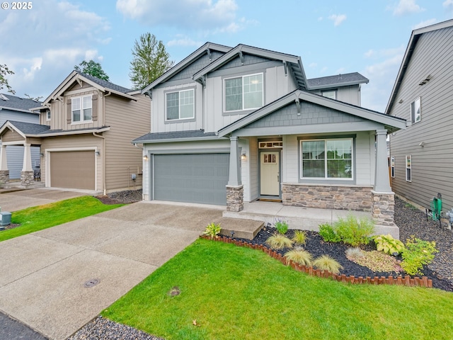6820 N 89th Loop, Camas, WA 98607 - craftsman house with a garage, board and batten siding, concrete driveway, stone siding, and a front yard