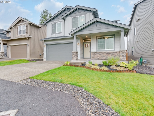 6820 N 89th Loop, Camas, WA 98607 - craftsman house featuring an attached garage, board and batten siding, stone siding, driveway, and a front yard