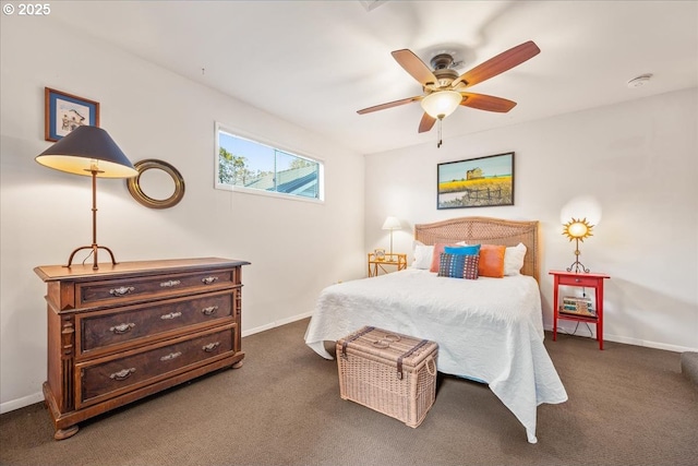 bedroom with baseboards, a ceiling fan, and dark carpet