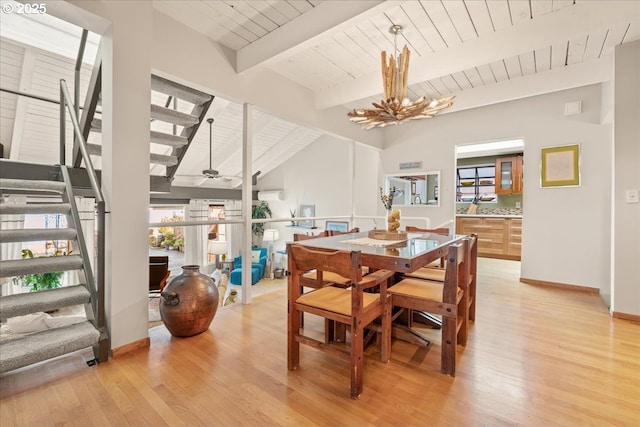 dining room featuring plenty of natural light, light wood finished floors, wooden ceiling, and stairway