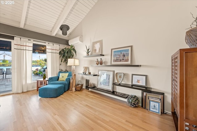 living area featuring wood ceiling, beam ceiling, a wall mounted air conditioner, and wood finished floors