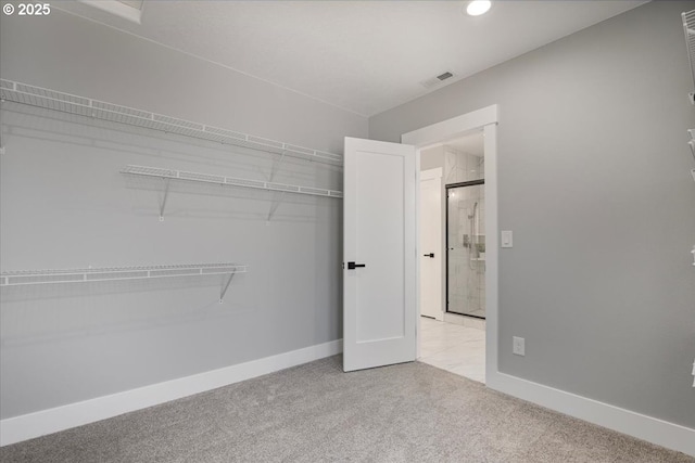 spacious closet featuring light carpet