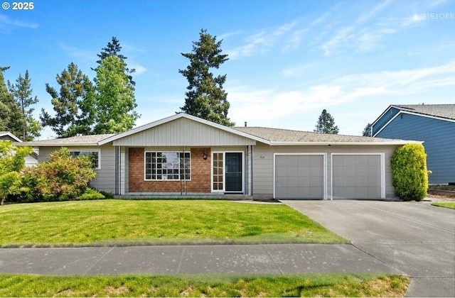 ranch-style home featuring an attached garage, a front lawn, brick siding, driveway, and a chimney