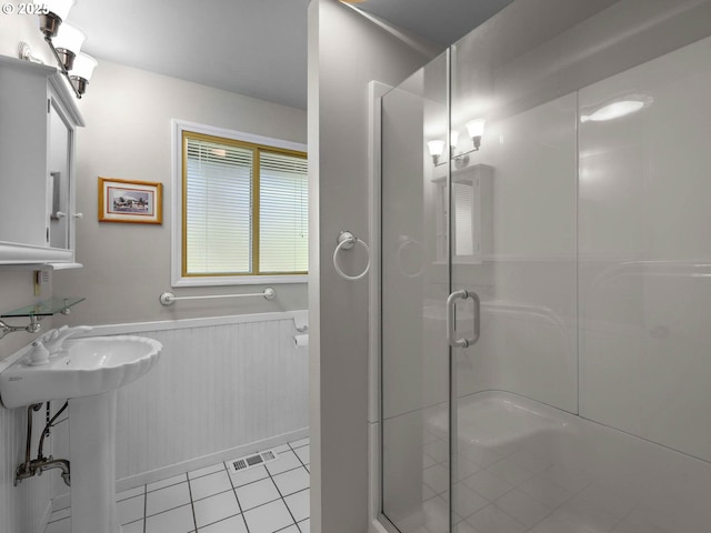 6229 NW Skyline Blvd, Portland, OR 97229 - full bath with a shower stall, visible vents, tile patterned floors, and wainscoting