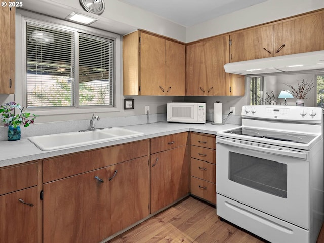 6229 NW Skyline Blvd, Portland, OR 97229 - kitchen featuring light wood finished floors, under cabinet range hood, light countertops, a sink, and white appliances