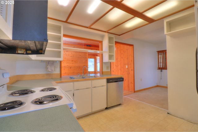 kitchen featuring stainless steel dishwasher, a sink, open shelves, extractor fan, and white range with electric cooktop