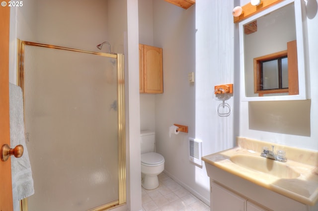 bathroom featuring a shower stall, toilet, vanity, tile patterned flooring, and heating unit