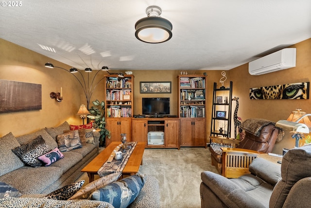 living room with an AC wall unit and carpet