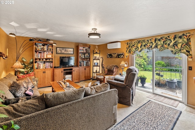 living area featuring an AC wall unit and light colored carpet