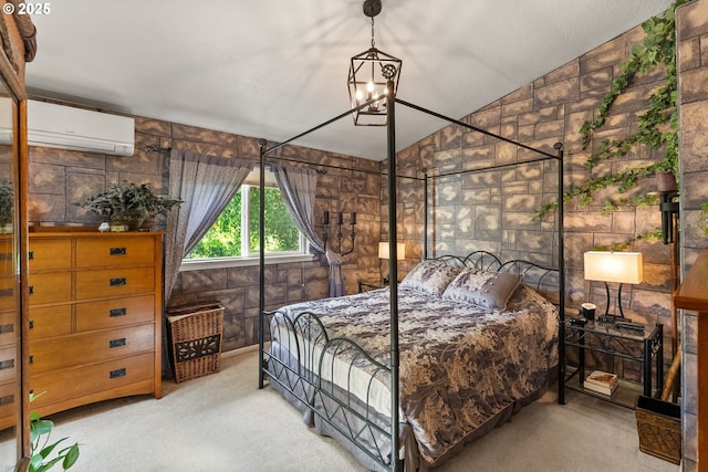 bedroom with vaulted ceiling, an AC wall unit, and carpet flooring