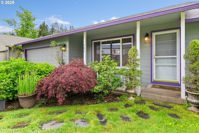 property entrance with a garage and covered porch