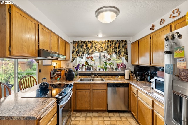 kitchen with stainless steel appliances, a sink, under cabinet range hood, and healthy amount of natural light