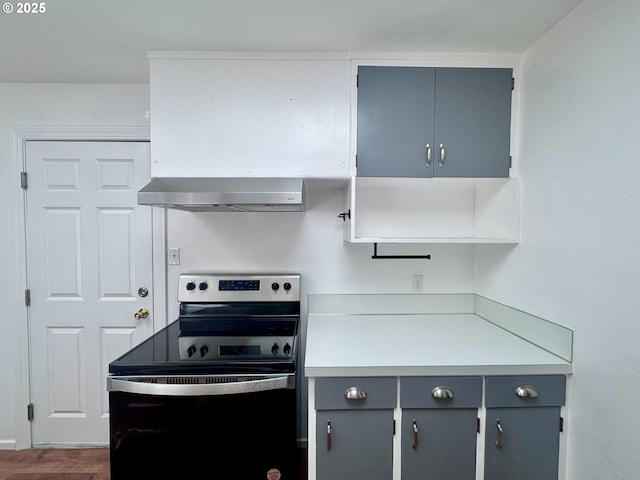 337 Spruce Dr, Brookings, OR 97415 - kitchen with electric range oven, wall chimney exhaust hood, gray cabinets, dark wood-style floors, and light countertops
