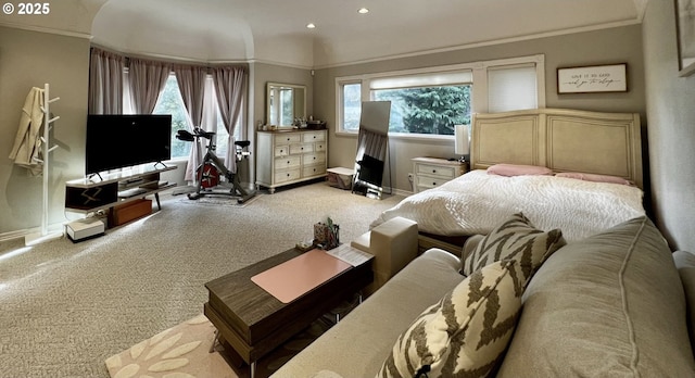 bedroom with baseboards, ornamental molding, carpet flooring, and recessed lighting