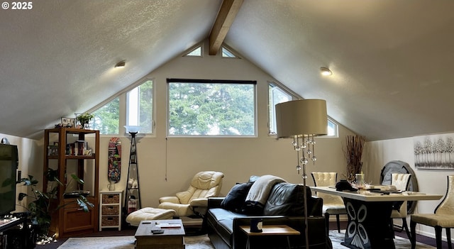 additional living space with vaulted ceiling with beams and a textured ceiling