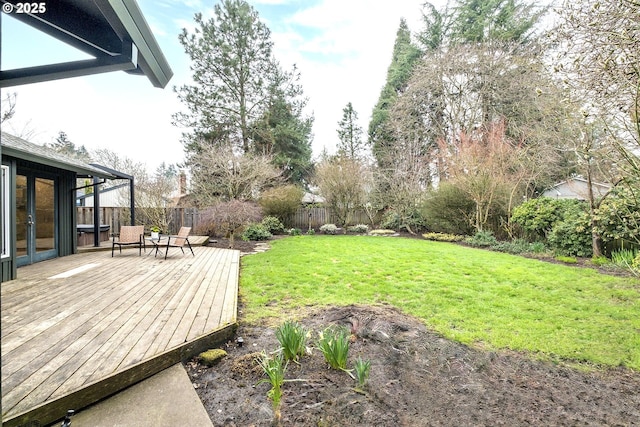 view of yard with a fenced backyard and a deck