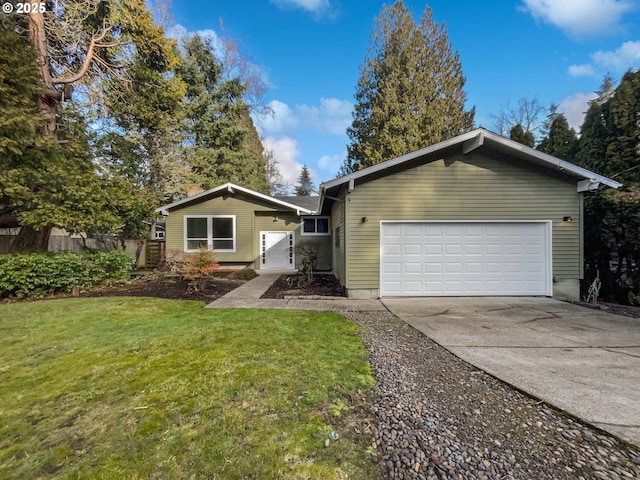 ranch-style house with an attached garage, driveway, a front lawn, and fence