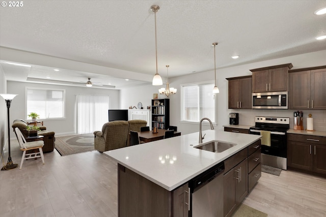 kitchen featuring backsplash, stainless steel appliances, a kitchen island with sink, sink, and pendant lighting