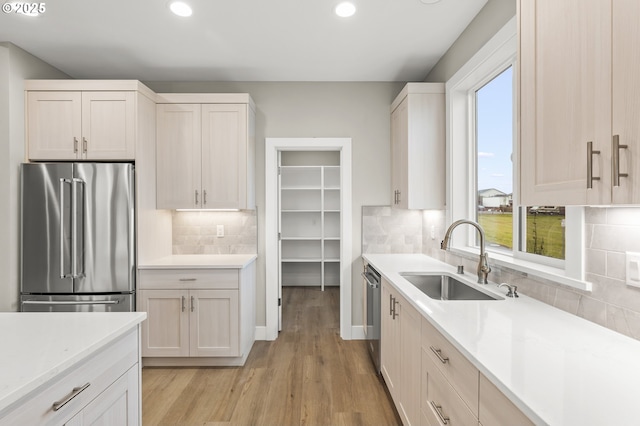 kitchen with sink, decorative backsplash, light wood-type flooring, and appliances with stainless steel finishes