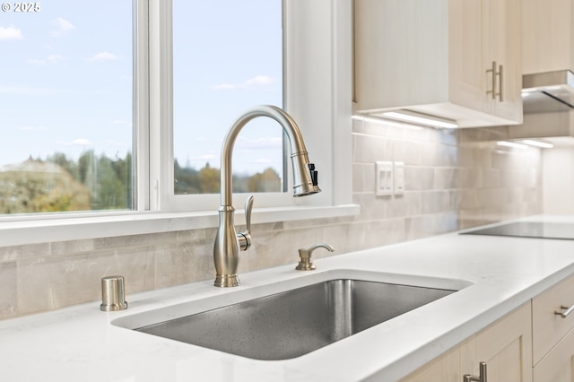 interior details with extractor fan, sink, and backsplash