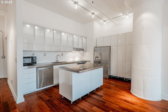 kitchen with dark wood finished floors, modern cabinets, and stainless steel appliances