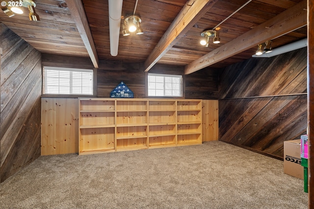 1524 SW 44th St, Pendleton, OR 97801 - additional living space featuring wood walls, wooden ceiling, beam ceiling, and carpet