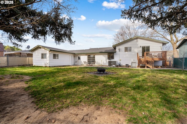 1524 SW 44th St, Pendleton, OR 97801 - rear view of property with a fire pit, a wooden deck, and cooling unit