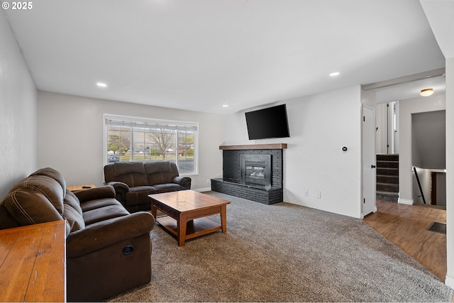 1524 SW 44th St, Pendleton, OR 97801 - living area featuring stairs, a fireplace, and recessed lighting