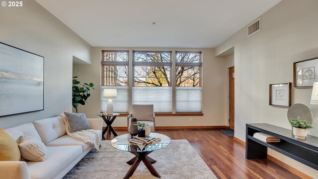 living room with dark hardwood / wood-style flooring