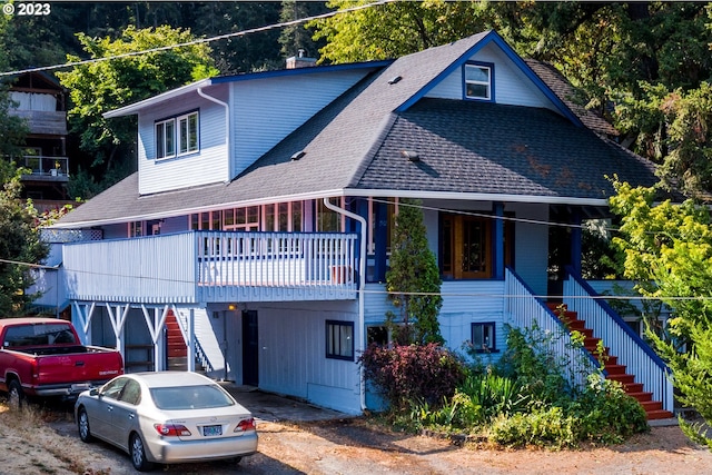 view of front of property featuring covered porch, a chimney, stairs, a shingled roof, and dirt driveway