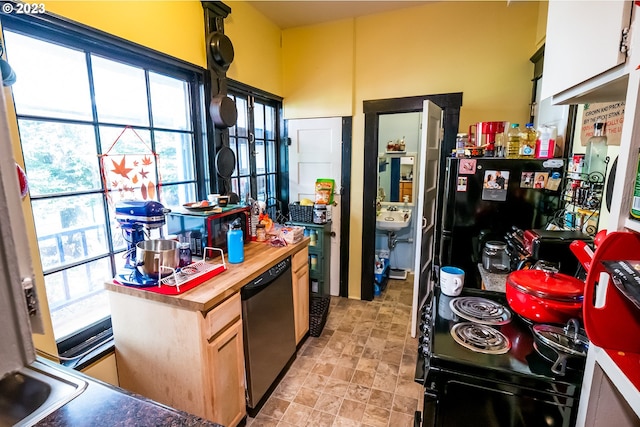 kitchen featuring a sink, black appliances, and butcher block countertops