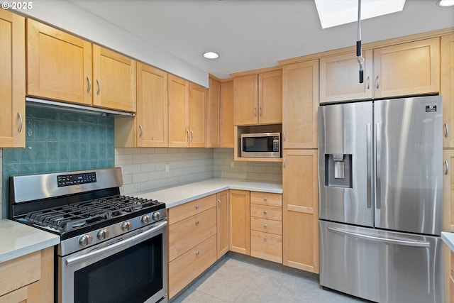 2320 SW Canby Ct, Portland, OR 97219 - kitchen featuring stainless steel appliances, light brown cabinets, range hood, and recessed lighting