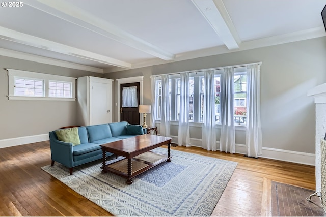 living area featuring beamed ceiling, a healthy amount of sunlight, baseboards, and hardwood / wood-style flooring