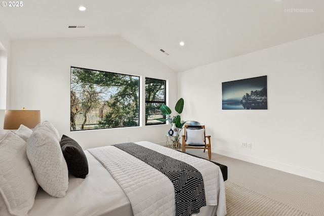 bedroom with baseboards, visible vents, lofted ceiling, recessed lighting, and carpet flooring