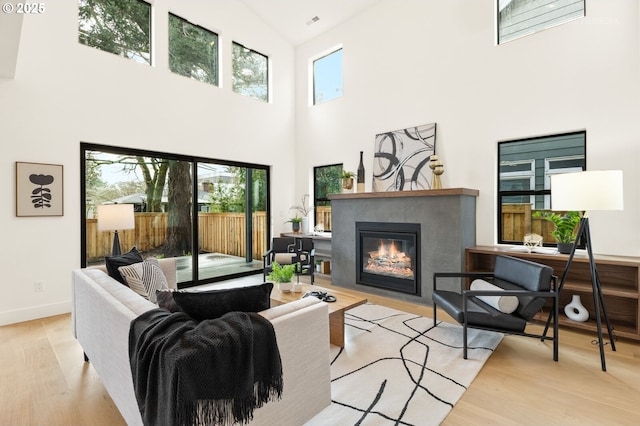 living area featuring baseboards, wood finished floors, and a glass covered fireplace