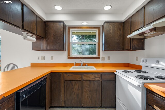 1521 Ranch Rd, Reedsport, OR 97467 - kitchen featuring white range with electric cooktop, a sink, dishwasher, dark brown cabinets, and under cabinet range hood