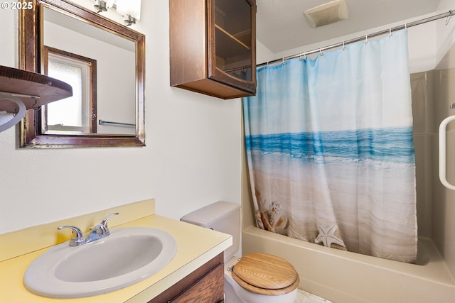 1521 Ranch Rd, Reedsport, OR 97467 - bathroom with toilet, vanity, and shower / bathtub combination with curtain