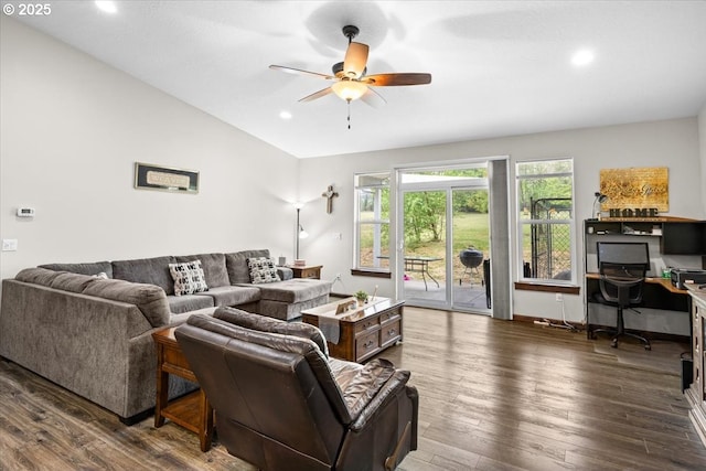 445 Hatfield Dr, Roseburg, OR 97470 - living area featuring ceiling fan, dark wood-type flooring, lofted ceiling, recessed lighting, and built in desk