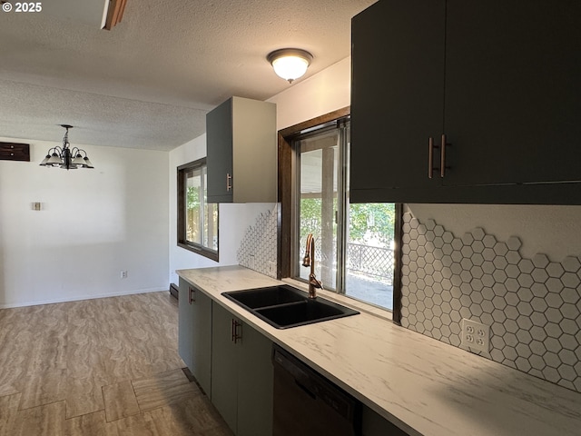 404 NE High St, Goldendale, WA 98620 - kitchen with a sink, dishwasher, a textured ceiling, healthy amount of natural light, and a chandelier