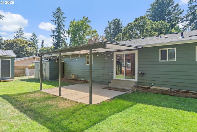 16880 Tracy Ave, Lake Oswego, OR 97035 - back of property with entry steps, a patio, a shed, and a chimney