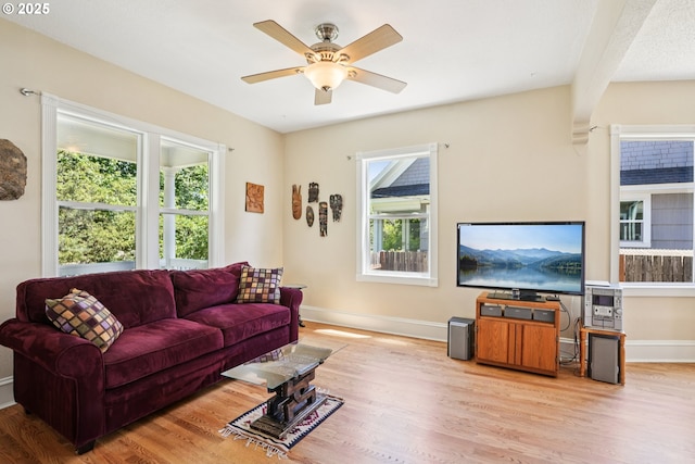 5018 N Vanderbilt St, Portland, OR 97203 - living room featuring wood finished floors, healthy amount of natural light, and ceiling fan